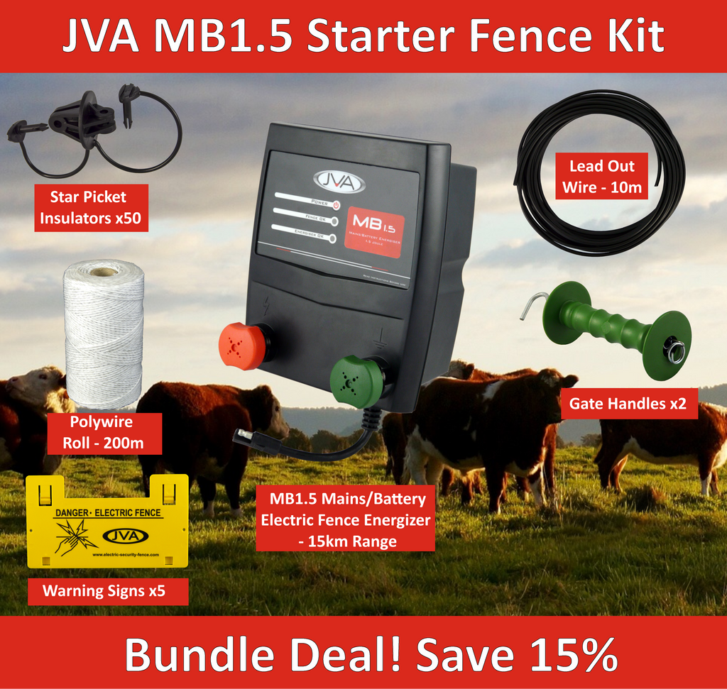 JVA MB1.5 Mains/Battery Electric Fence Energiser Starter Kit